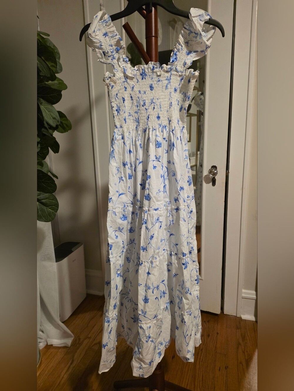 Hill House White Dress with Blue Floral Print